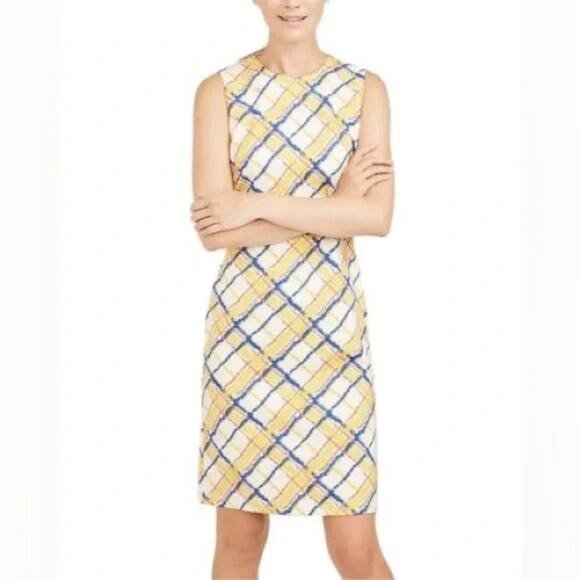 J McLaughlin Devon Plaid Dress Sleeveless Yellow Stretch Sheath Womens Small - Picture 1 of 5
